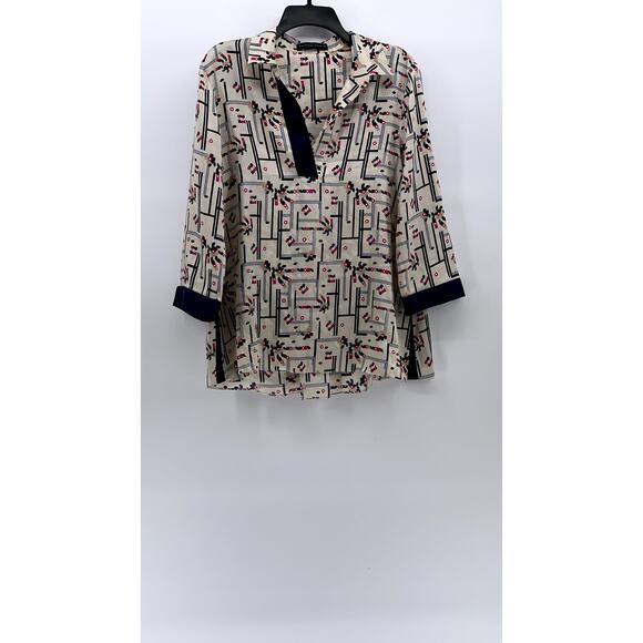 PURIFICACION GARCIA Women's Beige-Navy Printed Split-Neck Blouse SZ 38(US-S) - Picture 1 of 10